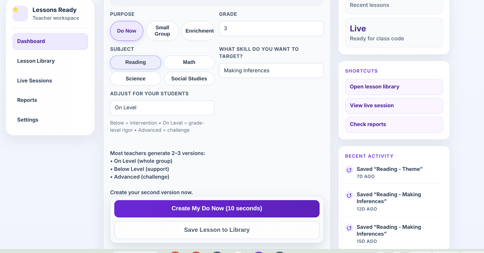 Lessons Ready application screenshot